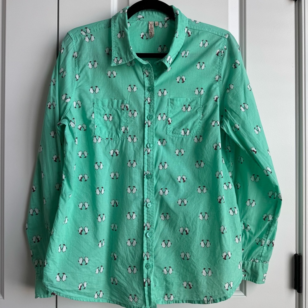 Red Camel Kitschy Penguin Print Button Down Shirt Mint Green Cotton L